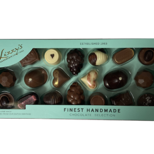 Tiffany coloured gift box with gold embosed logo and a window to see the chocolate selection. The chocolate selection is shown on the reverse side.