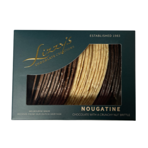 Lizzy's gift box of chocolate nougatine 200gr. A crunchy toffee almond mixed in milk, dark and white chocolate.