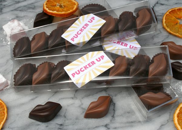 Three pucker up boxes filled with turkish delight and citrus spice flavoured lips