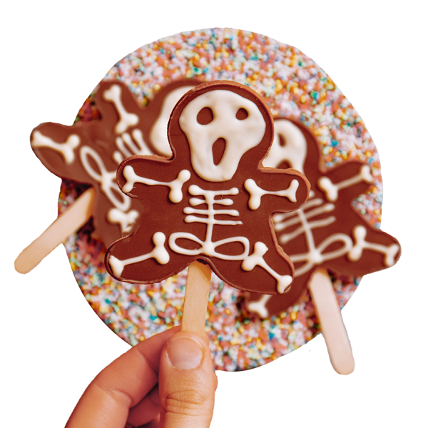 chocolate skelton shape with bone details on a pop stick